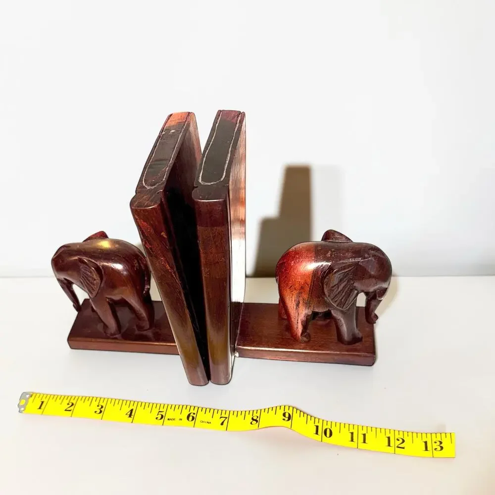 Vintage Wooden Elephant Bookends | Carved Elephant Shelf Decor Pair